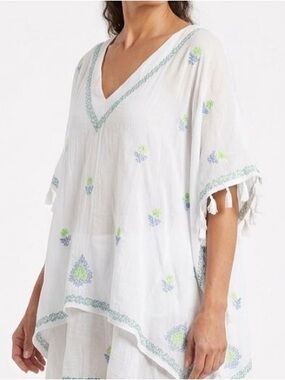 White Embroidered V-Neck Tunic with Blue and Lime Accents